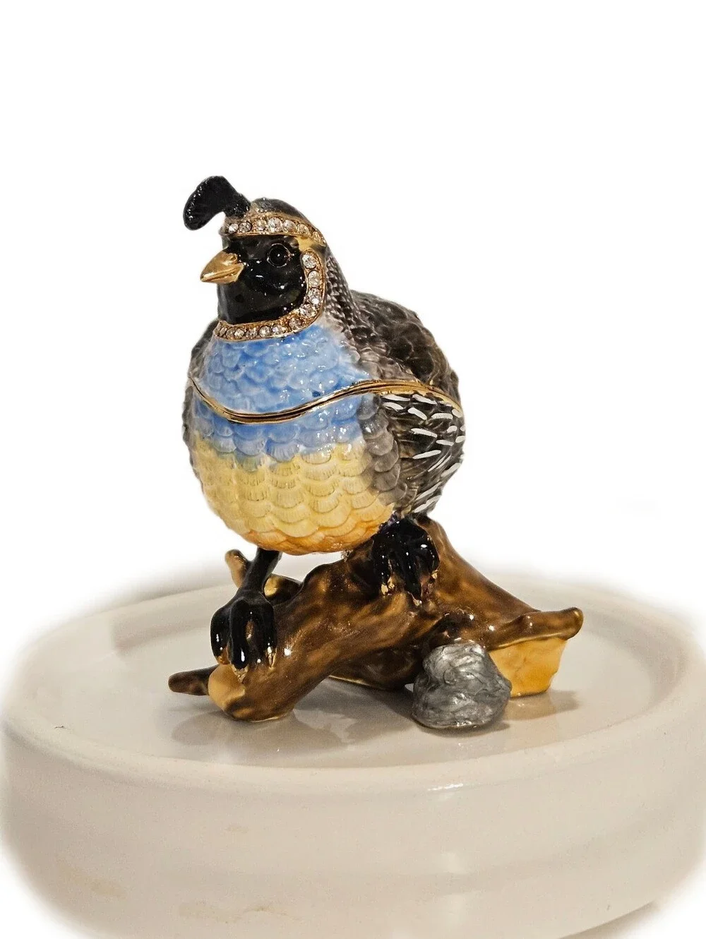 Bejeweled Quail Bird Perched On A Log Trinket Box